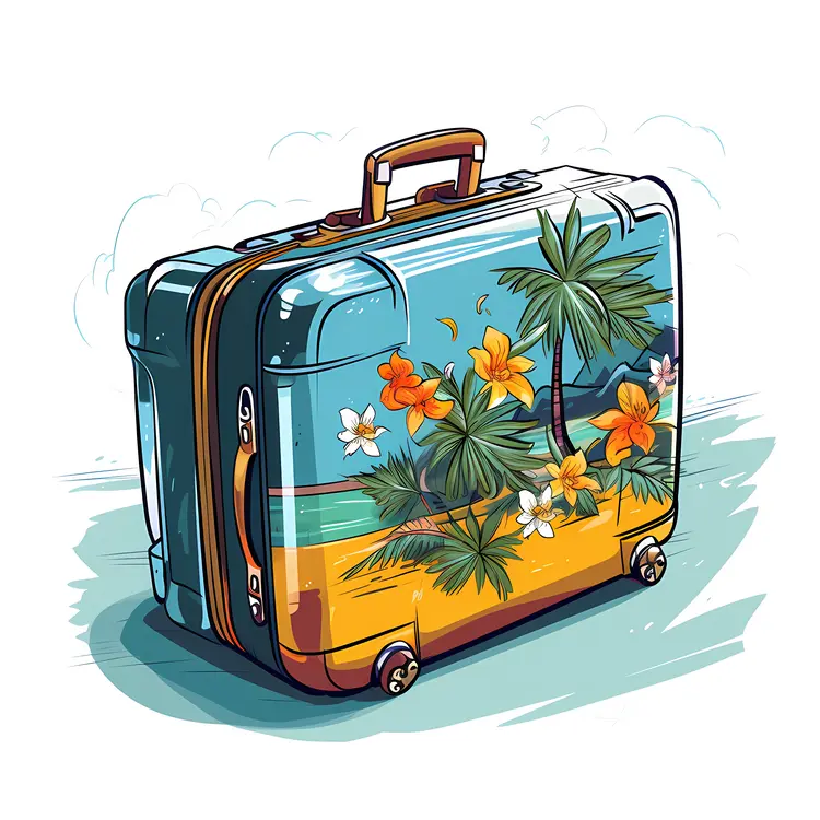 Suitcase with Palm Trees and Travel Essentials