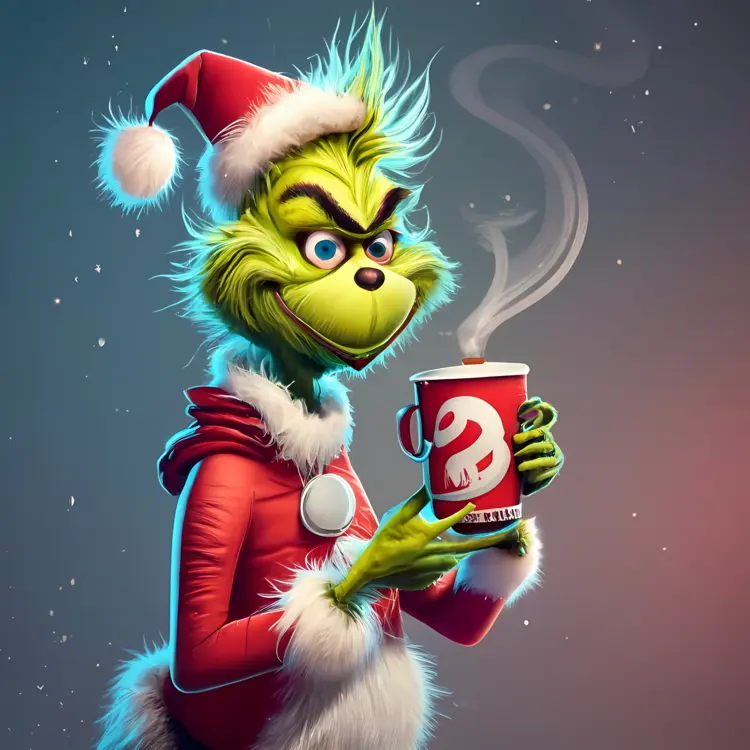 Grinch with Steaming Hot Drink in Santa Hat