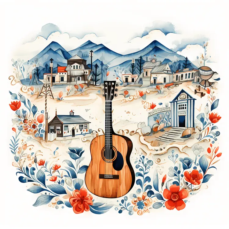 Guitar in Village and Mountain Scenery