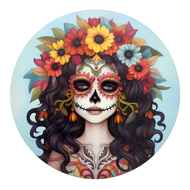 Beautiful Sugar Skull with Floral Crown for Day of the Dead Celebration