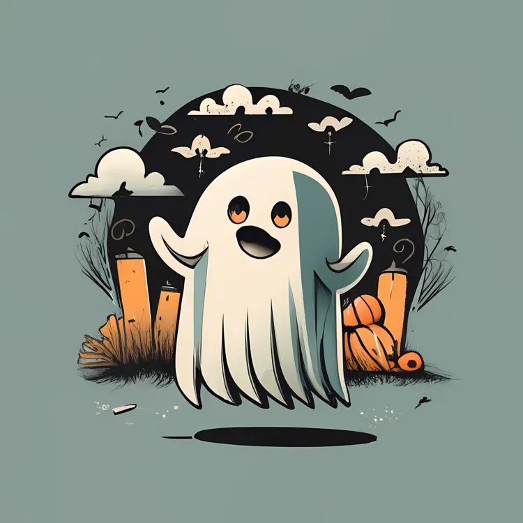 Happy Ghost with Pumpkins and Gravestones on Halloween Night