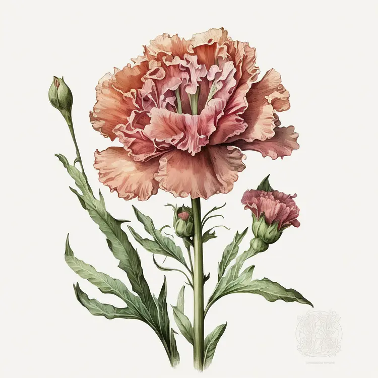 Beautiful Pink Carnation Botanical Illustration