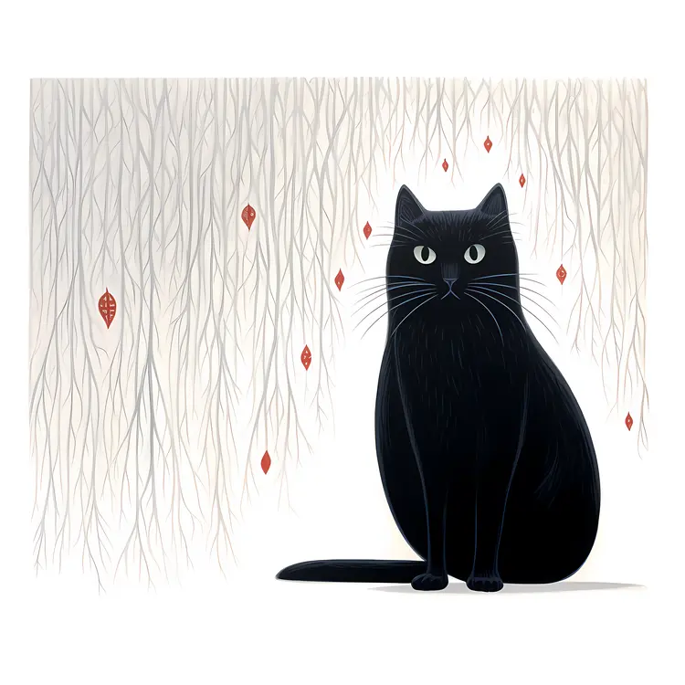 Black cat with red leaves