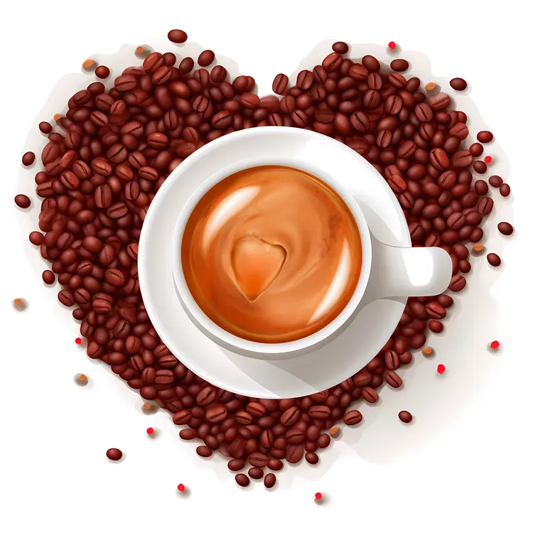 Heart-Shaped Coffee Beans with White Coffee Cup