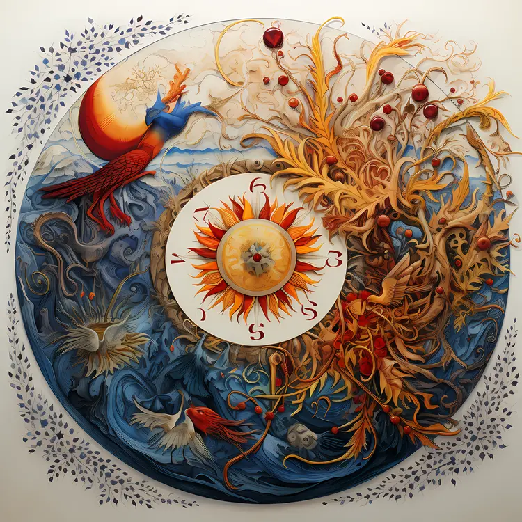 Sun and Moon with Nature Elements in a Circular Design