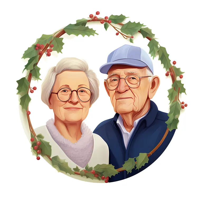 Elderly Couple in Christmas Wreath Illustration