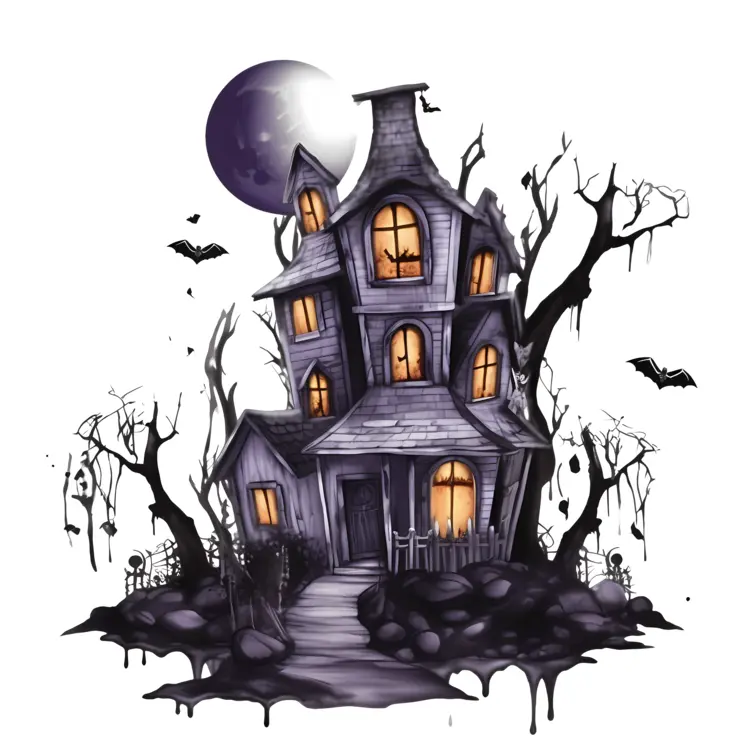 Spooky Haunted House with Bats and Moon