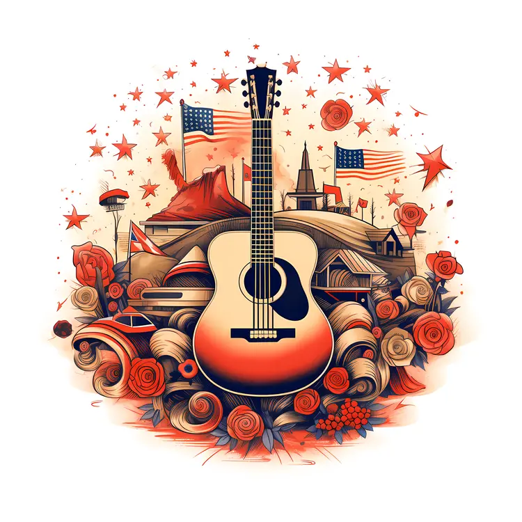Patriotic Guitar with American Flags and Stars