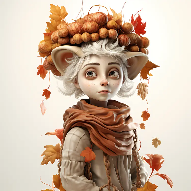 Elf with Acorn Hat and Autumn Leaves