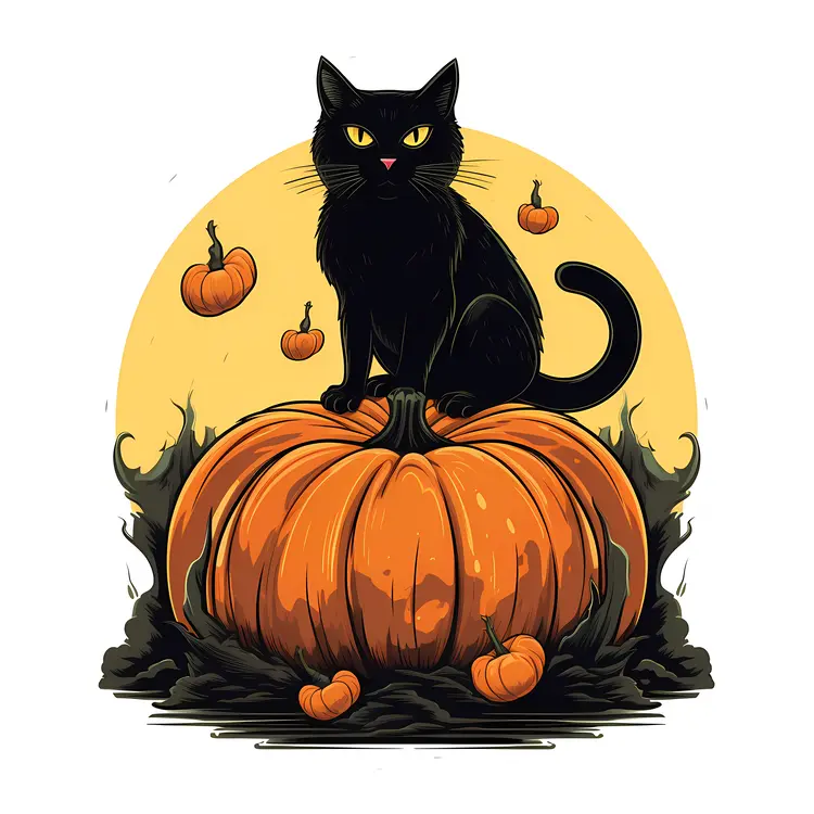 Black Cat on Pumpkin with Halloween Moon