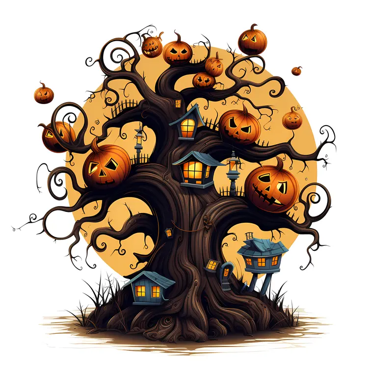 Spooky Tree with Pumpkins and Haunted Houses