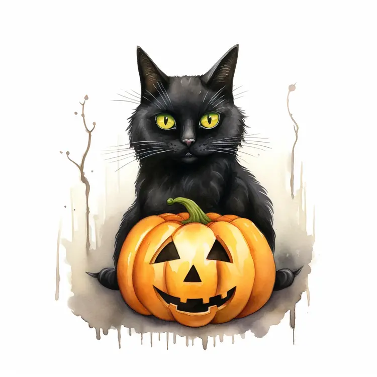 Black Cat with Halloween Pumpkin