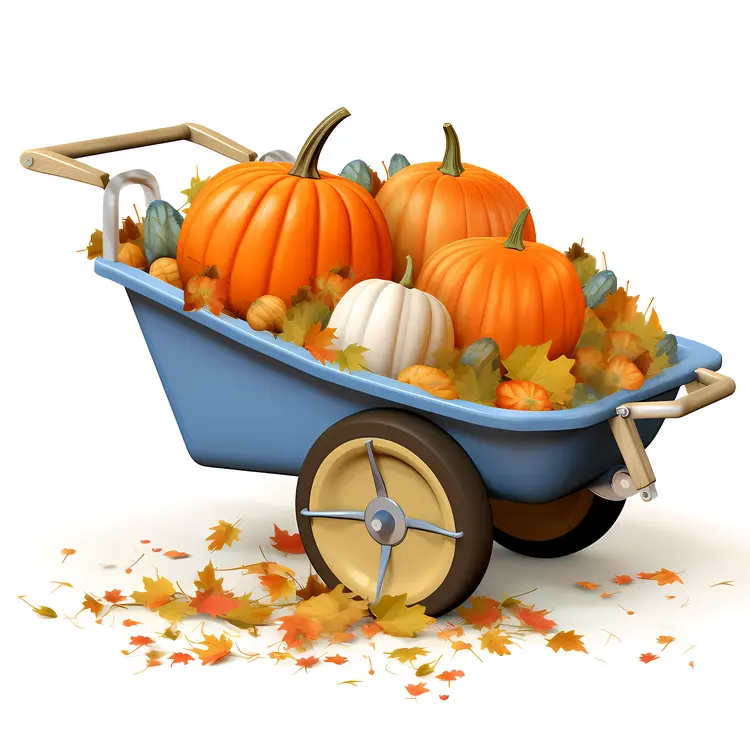 Pumpkins in Blue Wheelbarrow with Autumn Leaves
