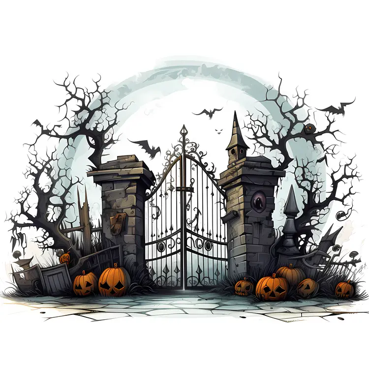 Haunted Gate with Spooky Decorations