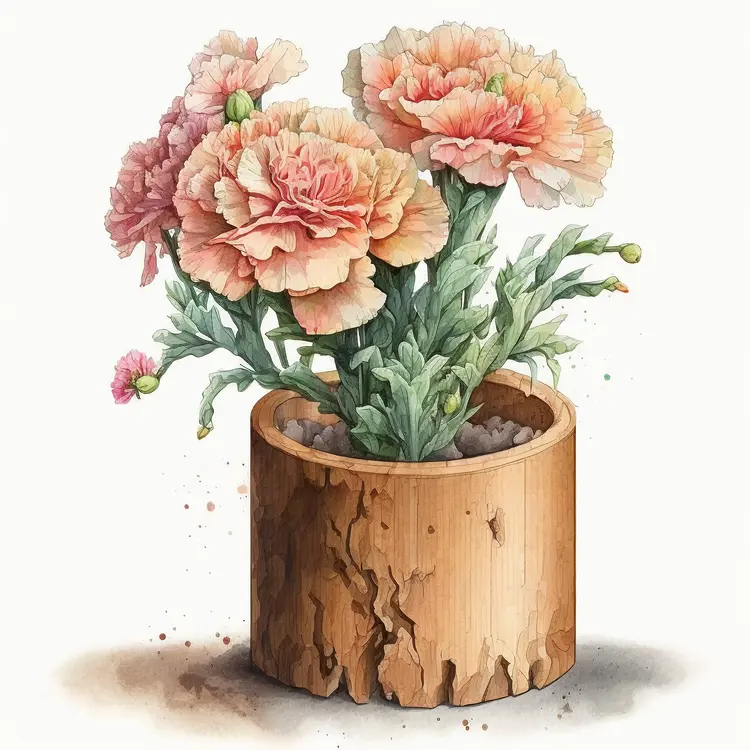 Beautiful Carnation in Rustic Wooden Pot