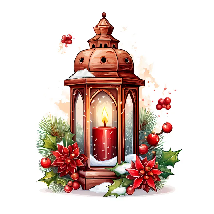 Wooden Lantern with Poinsettia and Holly Berries