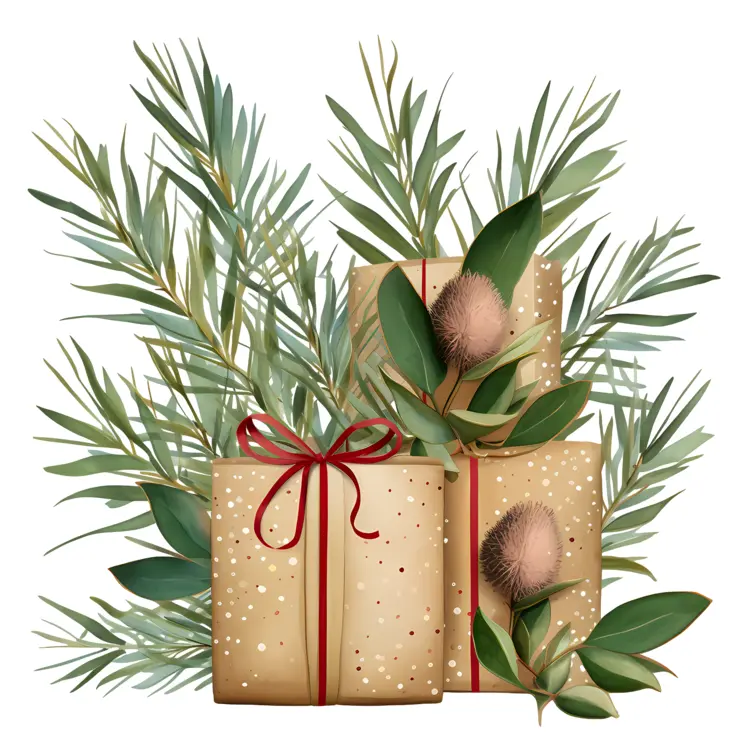 Festive Gift Boxes with Pine Leaves and Red Ribbon