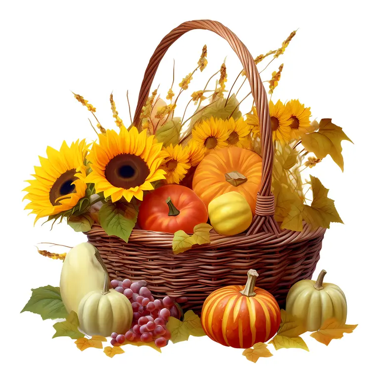 Autumn Basket with Sunflowers and Pumpkins