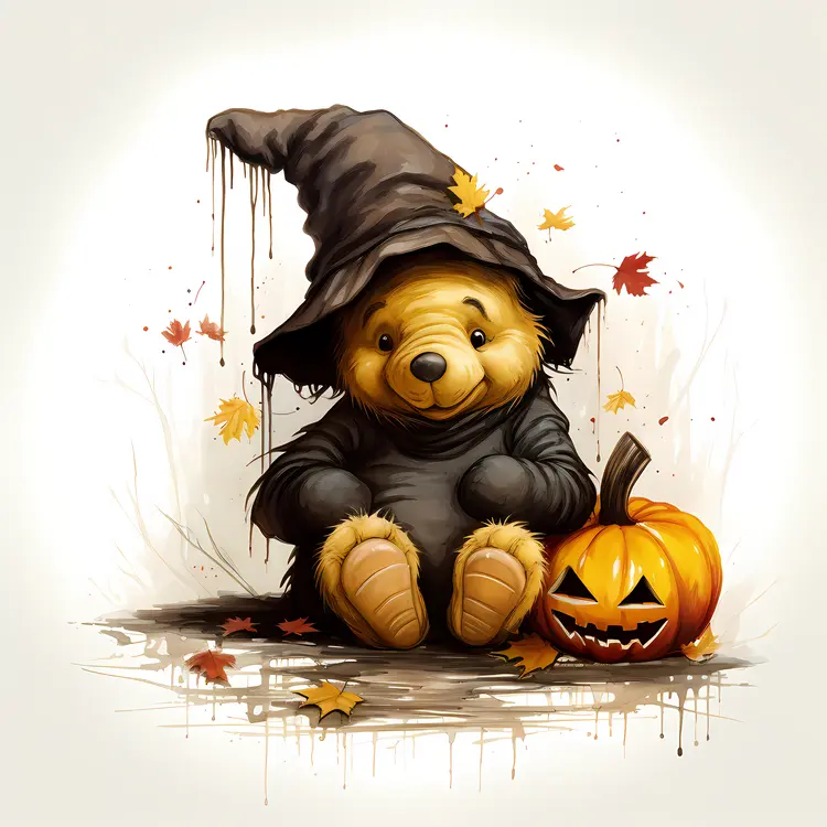 Yellow Bear in Witch Costume with Pumpkin in Spooky Forest