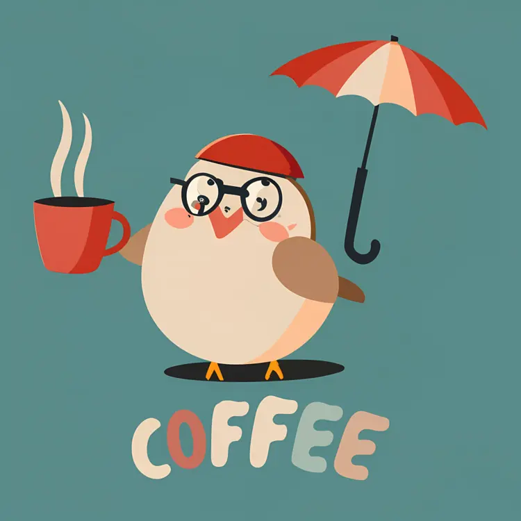 Charming Bird with Coffee and Umbrella