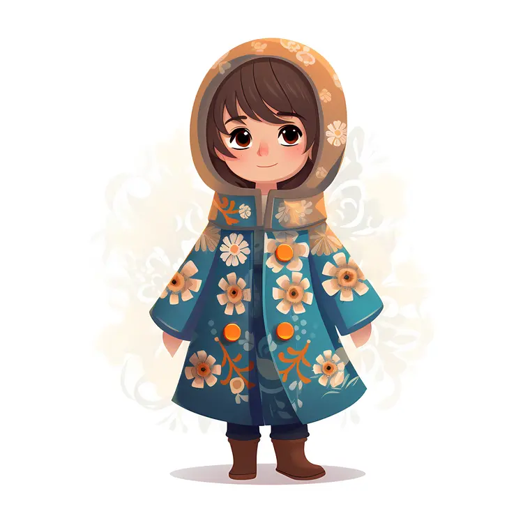 Charming Girl in Floral Winter Coat