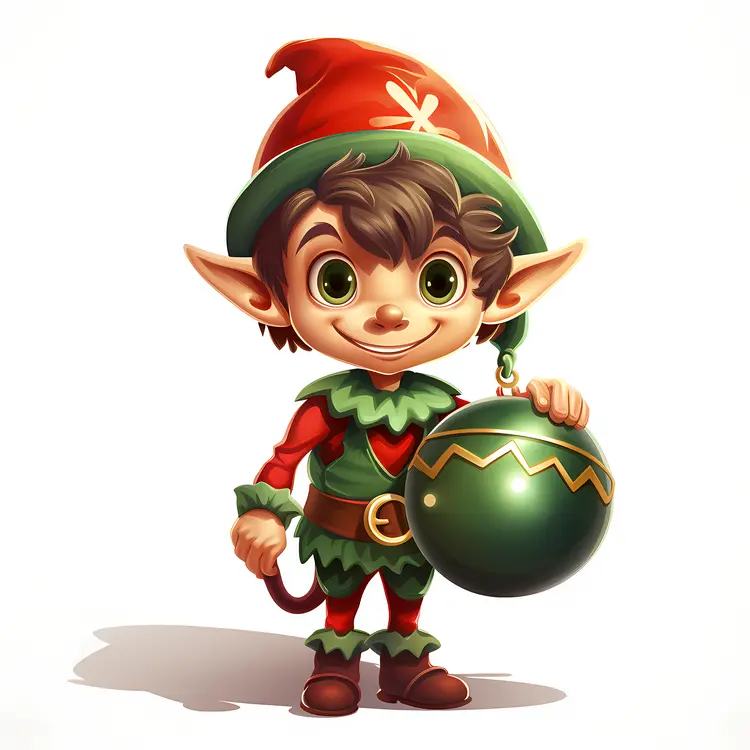 Happy Elf Holding a Christmas Ornament