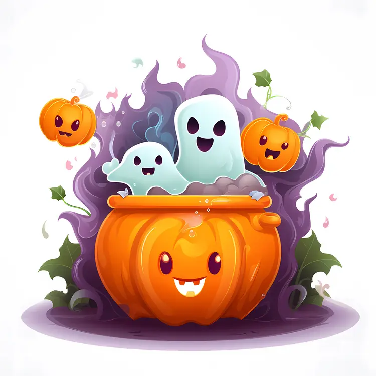 Cute Ghosts in Pumpkin Cauldron with Pumpkins for Halloween