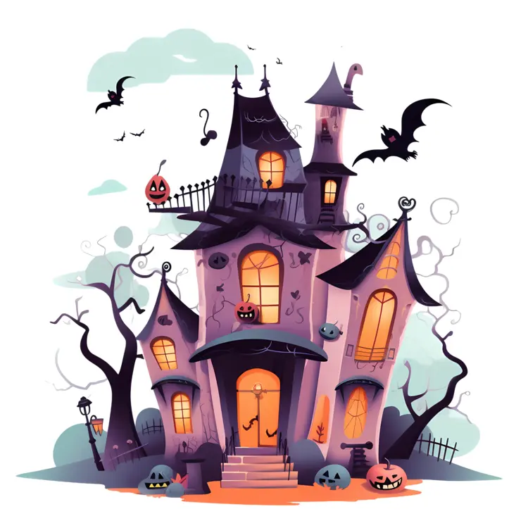 Whimsical Haunted House with Jack-o'-Lanterns