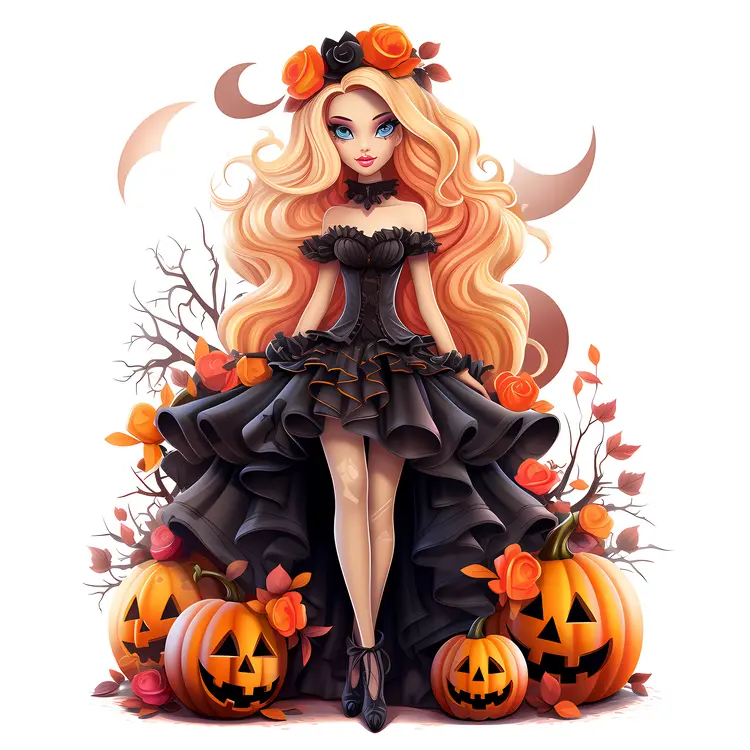 Cute Halloween Doll in Black Dress with Pumpkins