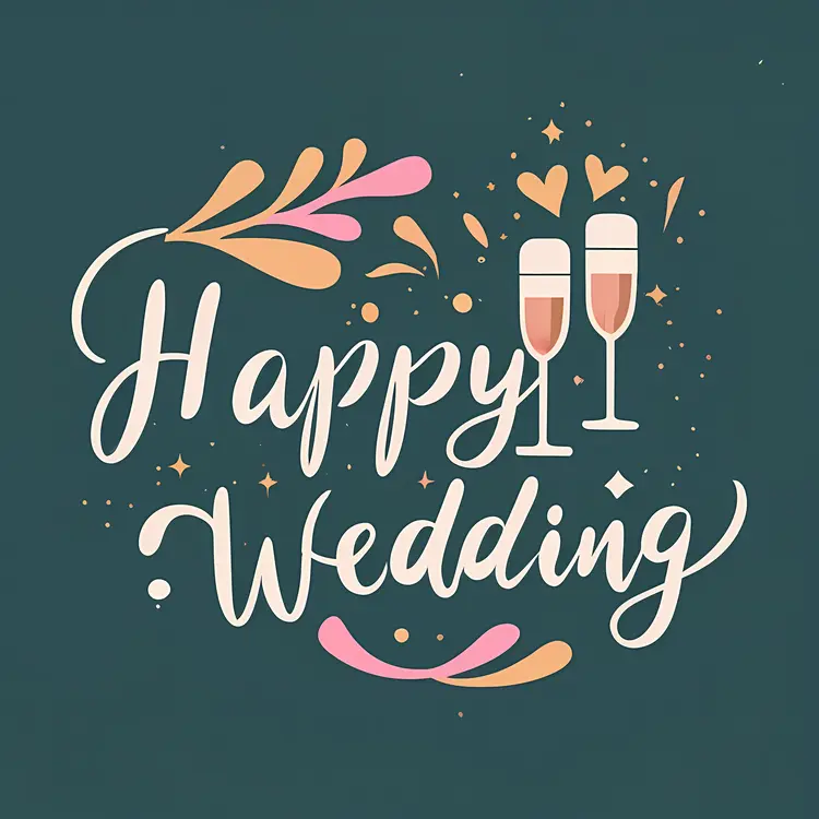 Happy Wedding Text with Champagne Glasses and Hearts