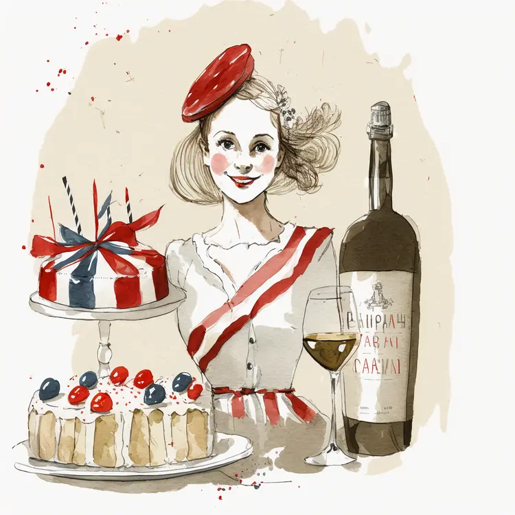 Woman Celebrating with Cake and Wine on National Day