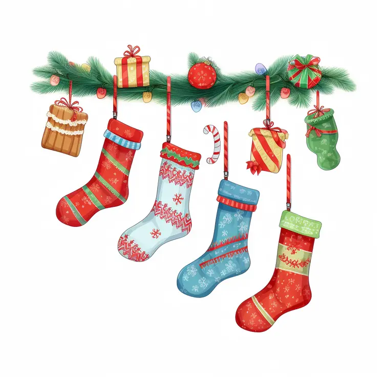 Colorful Christmas Stockings with Gifts and Decorations