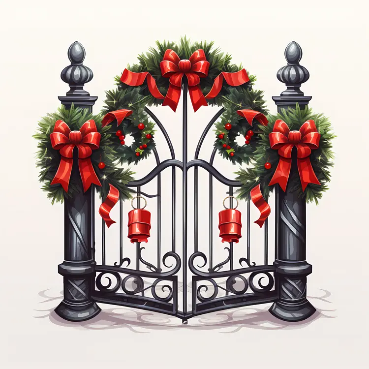 Gate Decorated with Wreaths and Red Bows