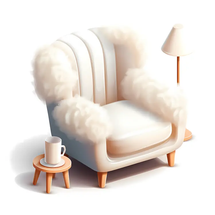 Fluffy White Armchair with Lamp and Coffee Mug