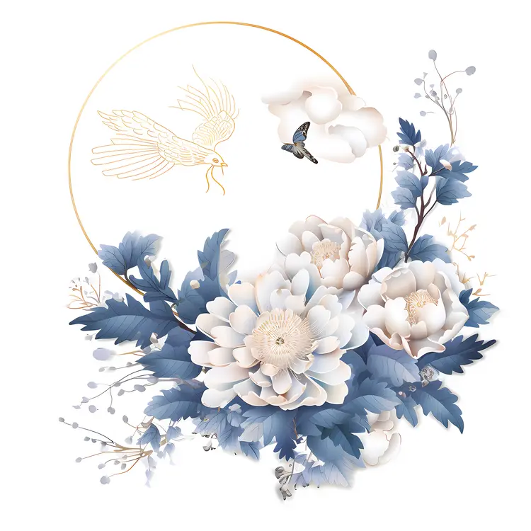 Blue and White Flowers with Bird in Circular Frame