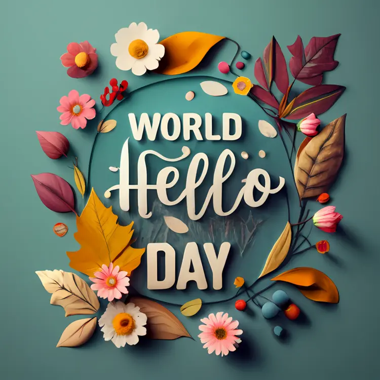 World Hello Day with Autumn Leaves and Flowers