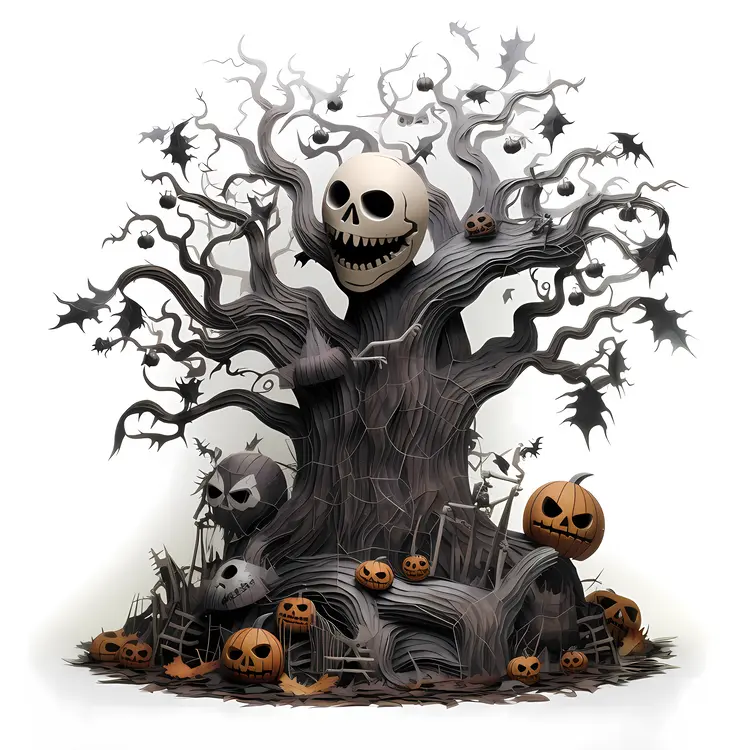 Spooky Halloween Tree with Skulls and Pumpkins