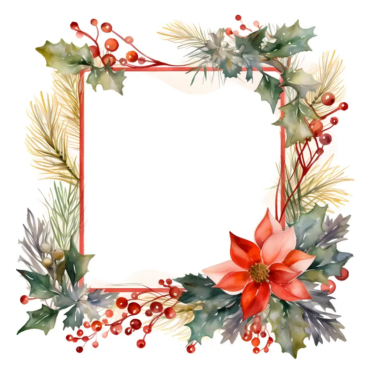 Christmas Floral Frame with Poinsettia and Berries