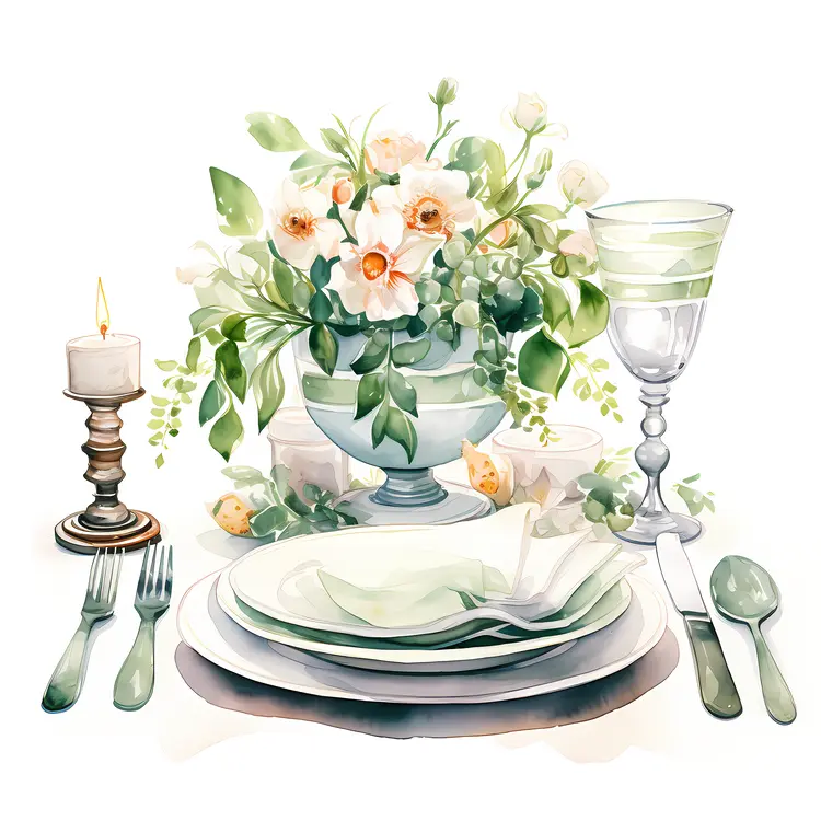Elegant Table Setting with Flowers and Candle