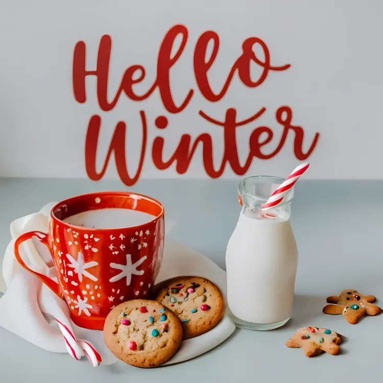 Hello Winter with cookies and milk