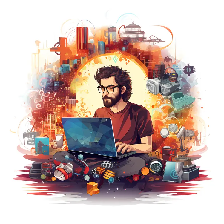 Man with Laptop and Various Gadgets
