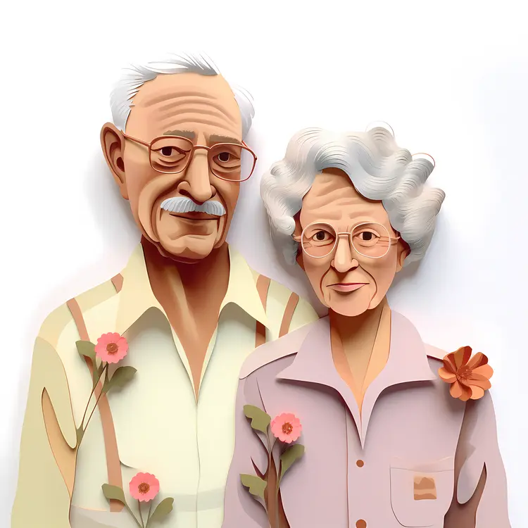 Paper Art Elderly Couple with Floral Decorations