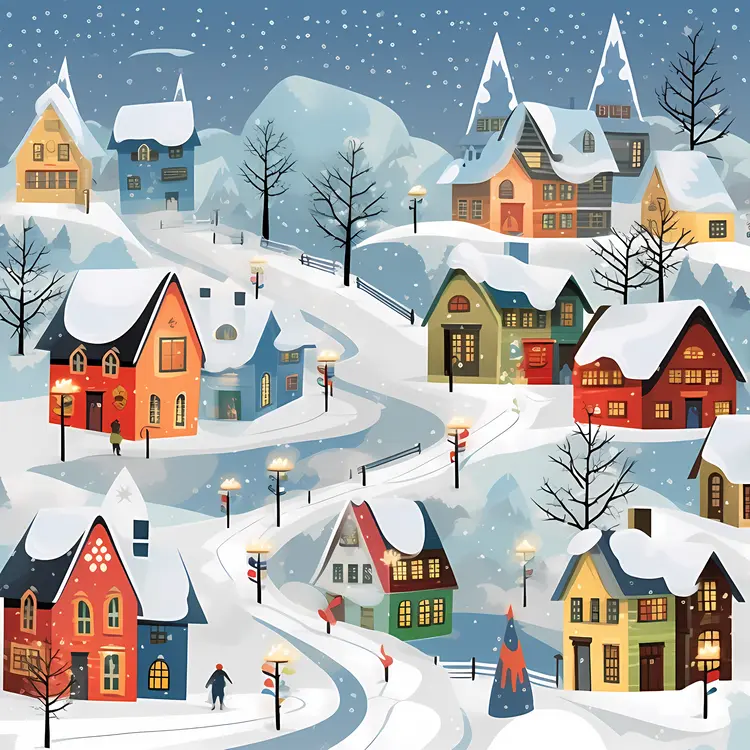 Snowy Houses in Winter Village