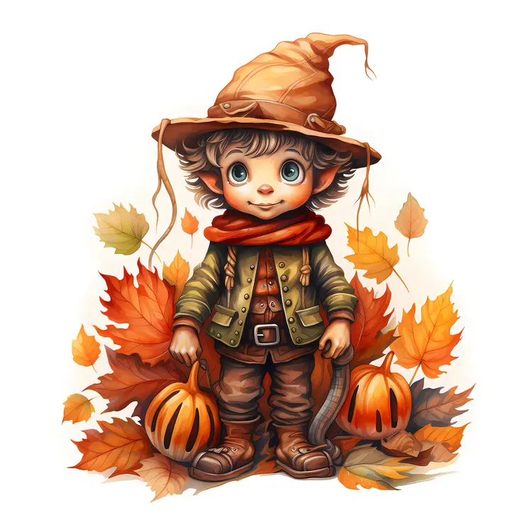 Cute Elf with Pumpkins and Autumn Leaves