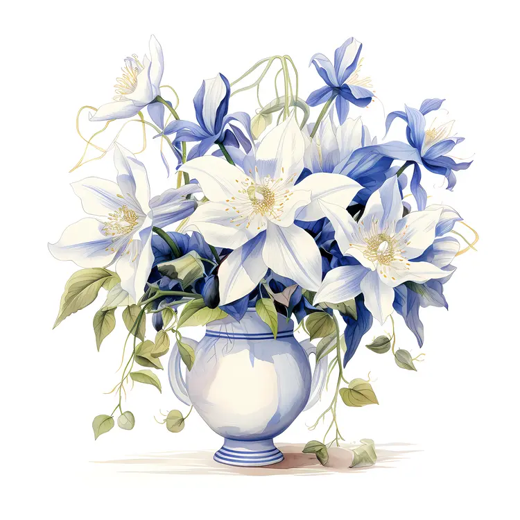 White and Blue Flowers in a Blue Vase