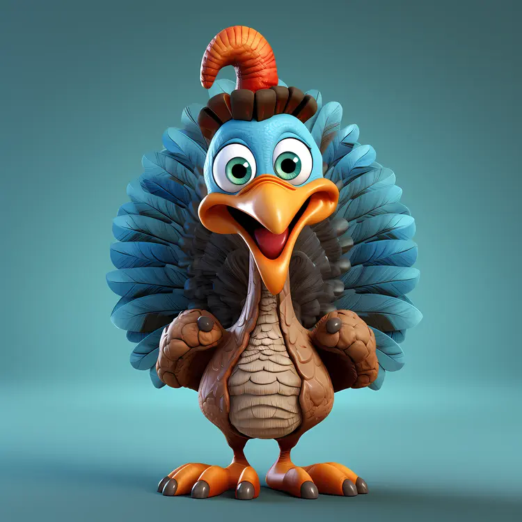 Colorful Cartoon Turkey with Blue Feathers