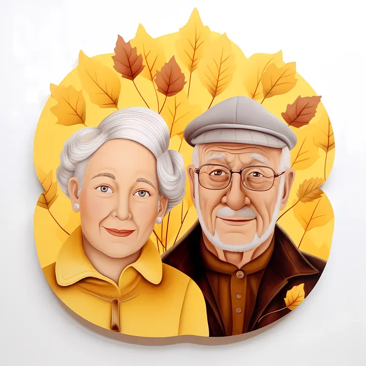 Elderly Couple Portrait with Autumn Leaves