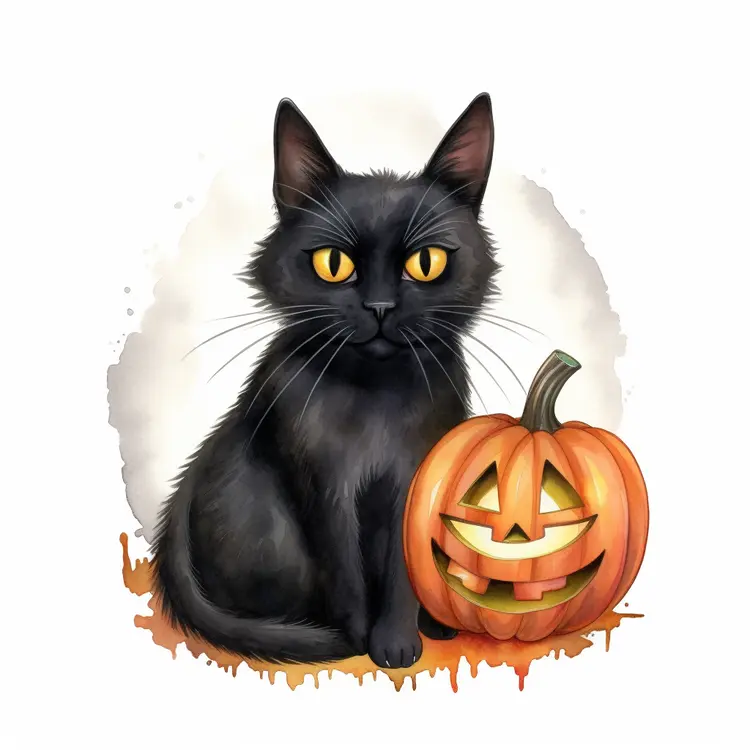 Black Cat with Halloween Pumpkin