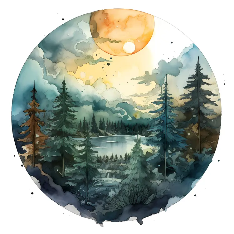 Forest with Moon and Lake