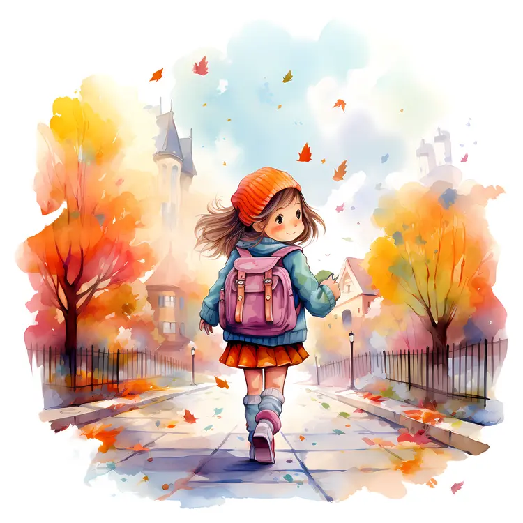 Girl with Backpack Walking in Autumn
